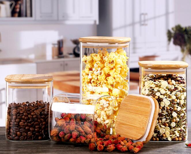 Clear Lead-Free High Borosilicate Square Glass Food Storage Canister Glass Jars With Air Tight Bamboo Cover For Spices Cereal