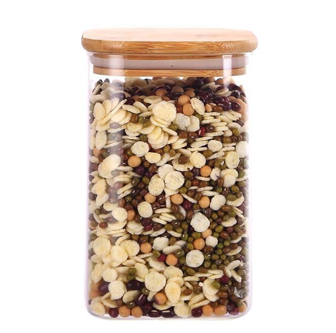 Clear Lead-Free High Borosilicate Square Glass Food Storage Canister Glass Jars With Air Tight Bamboo Cover For Spices Cereal