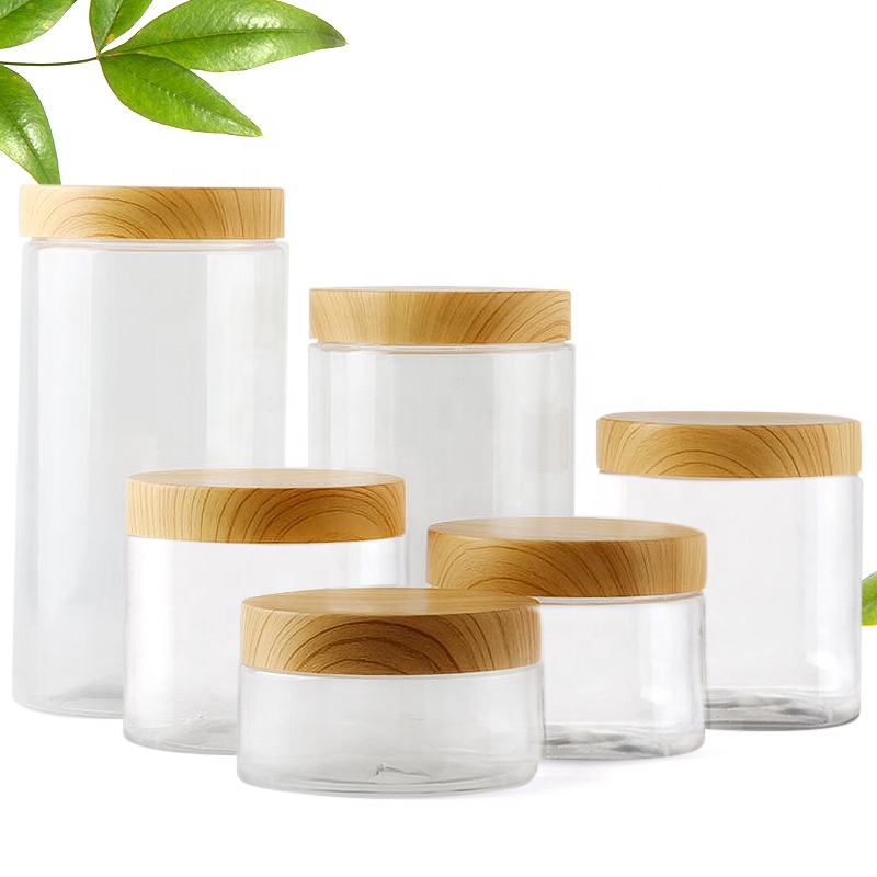 Clear Pet Jars Container With Plastic bamboo Lid Transparent Plastic Storage Bottle 150ml
