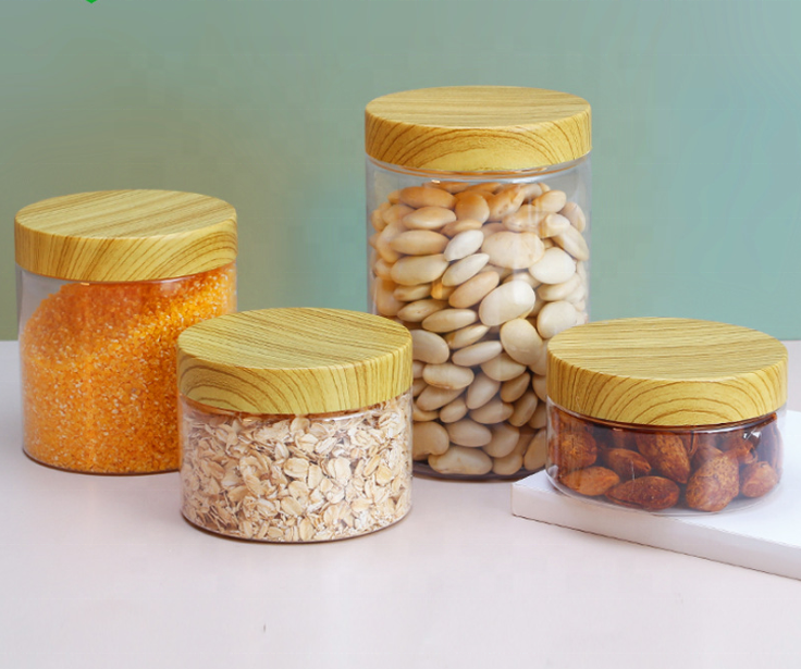 Clear Pet Jars Container With Plastic bamboo Lid Transparent Plastic Storage Bottle 150ml