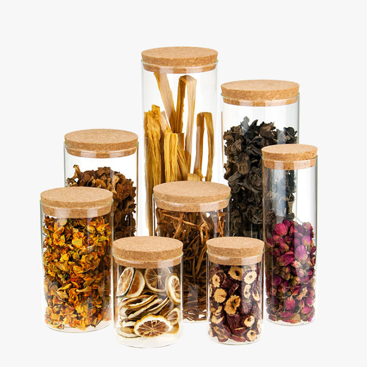 Clear Round Shape Glass Snack Sugar Tea Bottle Glass Food Storage Jar Set Kitchen Canister with Airtight Cork Lid
