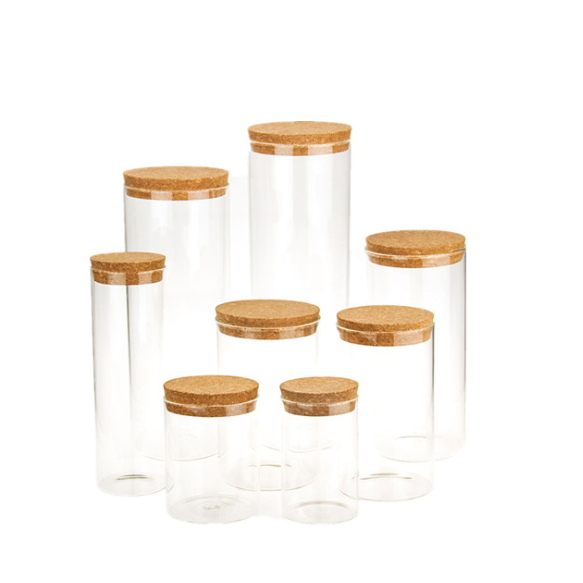 Clear Round Shape Glass Snack Sugar Tea Bottle Glass Food Storage Jar Set Kitchen Canister with Airtight Cork Lid
