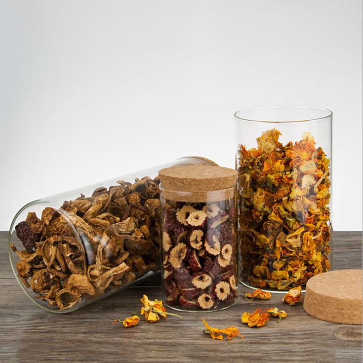 Clear Round Shape Glass Snack Sugar Tea Bottle Glass Food Storage Jar Set Kitchen Canister with Airtight Cork Lid