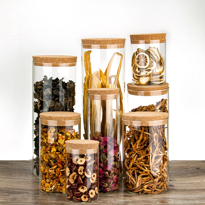 Clear Round Shape Glass Snack Sugar Tea Bottle Glass Food Storage Jar Set Kitchen Canister with Airtight Cork Lid