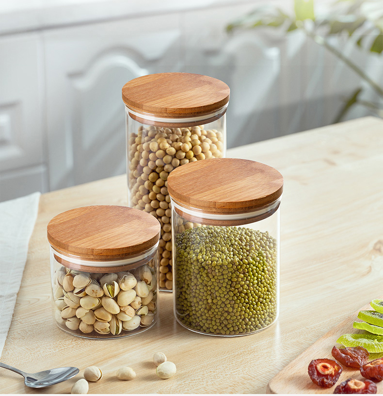 Clear Round Shape Glass Snack Sugar Tea Bottle Glass Food Storage Jar Set Kitchen Canister with Airtight Cork Lid