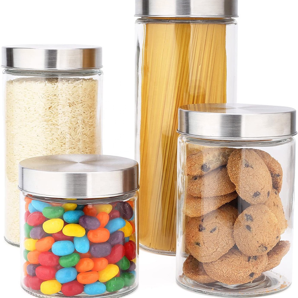 Clear Round Shape Glass Snack Sugar Tea Bottle Glass Food Storage Jar Set Kitchen Canister with Airtight Cork Lid