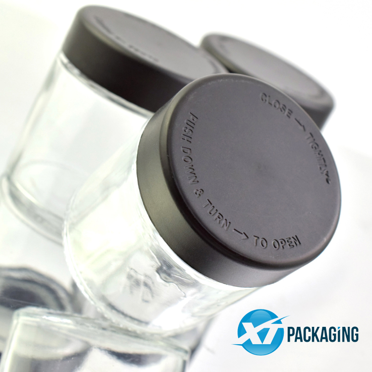 Clear child resistant clear glass cosmetic jar with Child proof lid