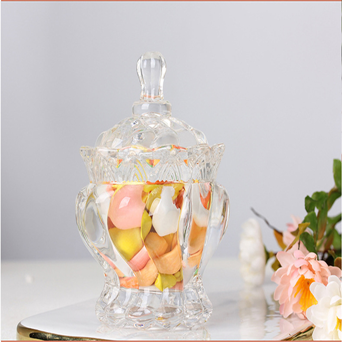 Clear glass candy jar crystal food container with lid