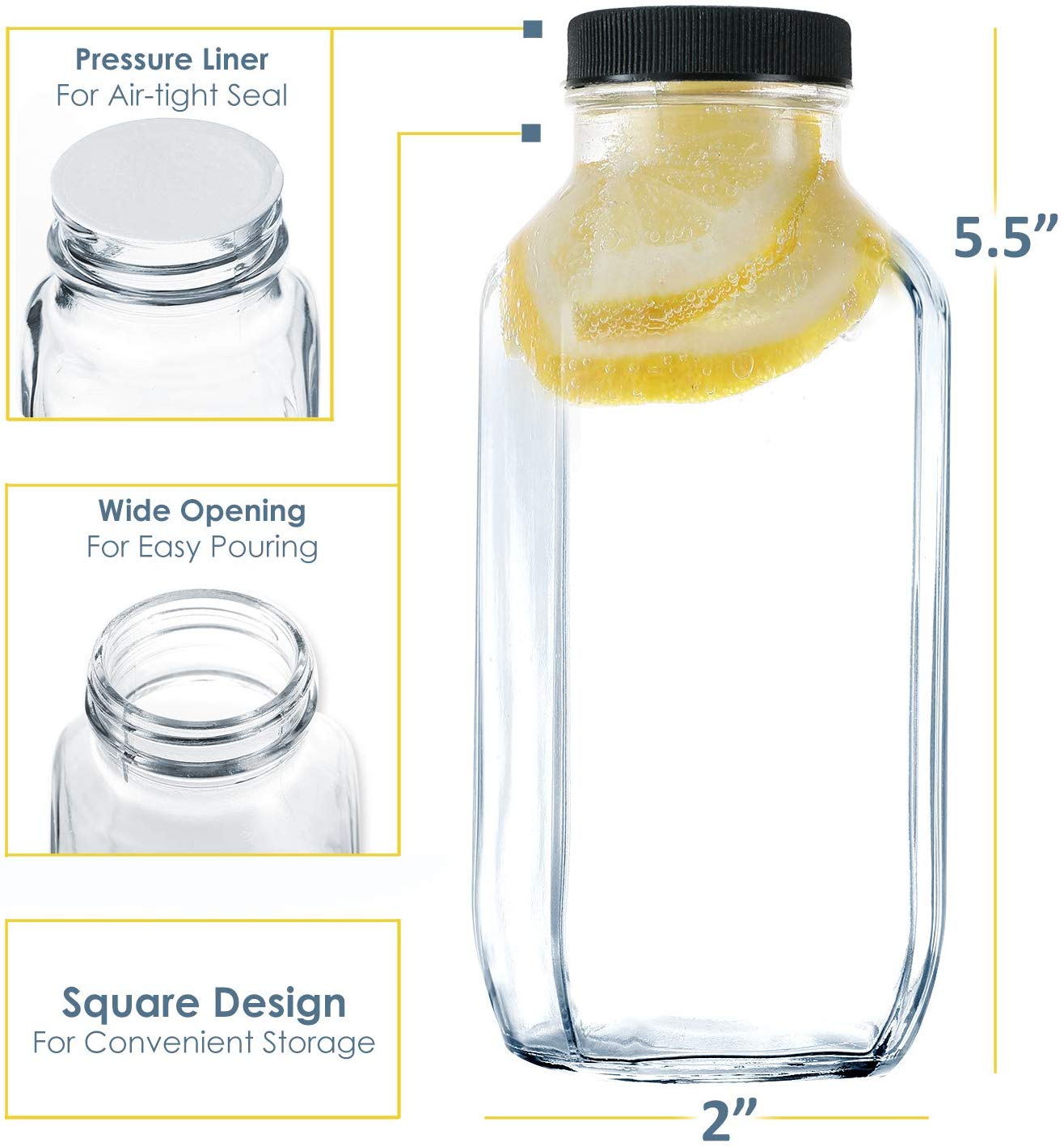 Clear milk 8oz 16oz french square Glass Bottle for Cold Brew Coffee with metal Lid