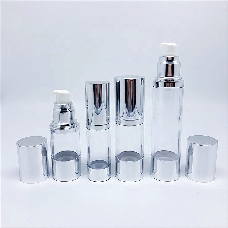 Clear plastic bottles and jars cosmetic packaging for creams and moisturizers with silver cap