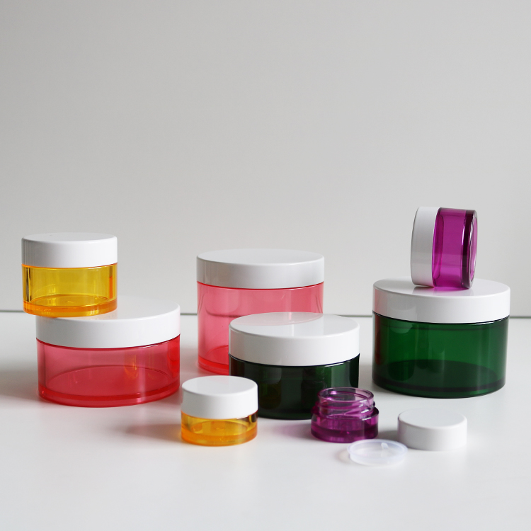 Clear purple color container 150g Food grade PETG pink cosmetic jar 100ml 50ml 200ml 250ml with white lid