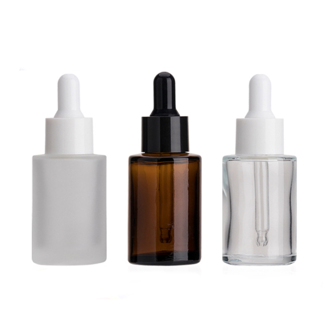 Clear round shape 20ml flat shoulder dropper  glass bottle cylinder 1oz with dropper cap
