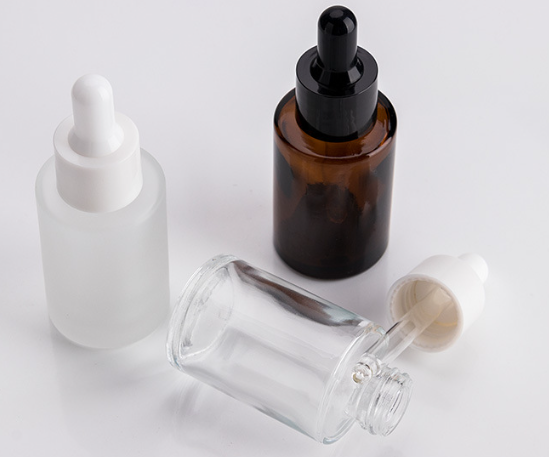 Clear round shape 20ml flat shoulder dropper glass bottle cylinder 1oz with dropper cap