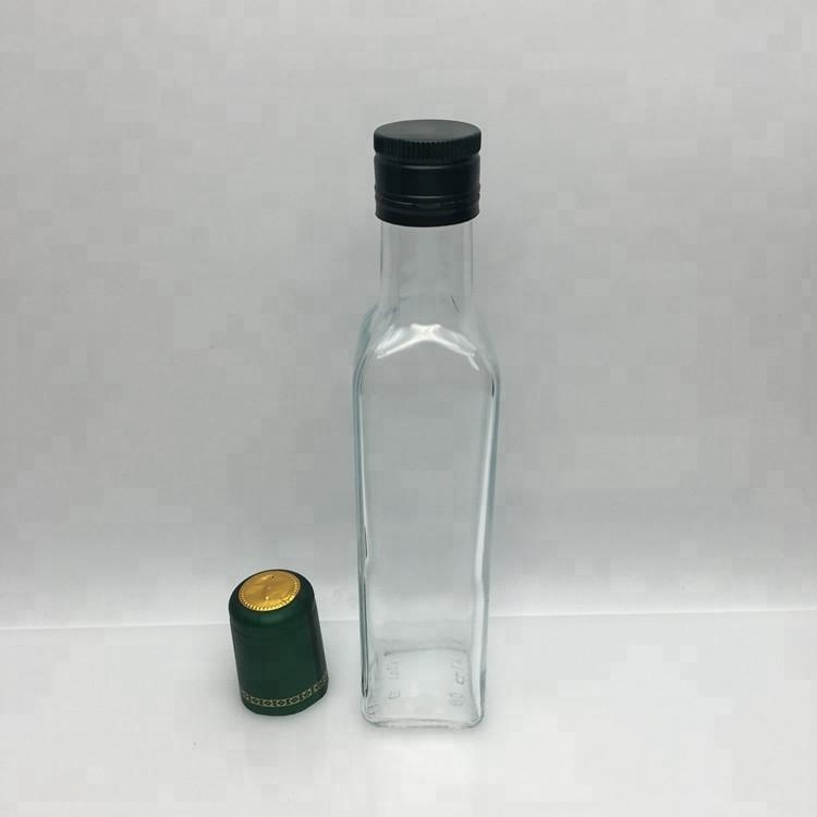 Clear square 250ml glass extra virgin olive oil bottle with screw aluminum cap