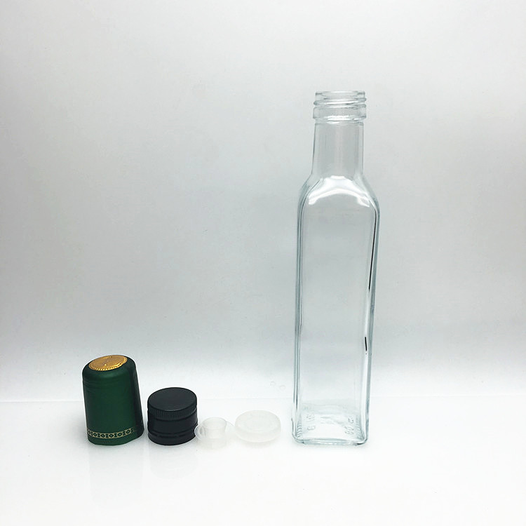 Clear square 250ml glass extra virgin olive oil bottle with screw aluminum cap