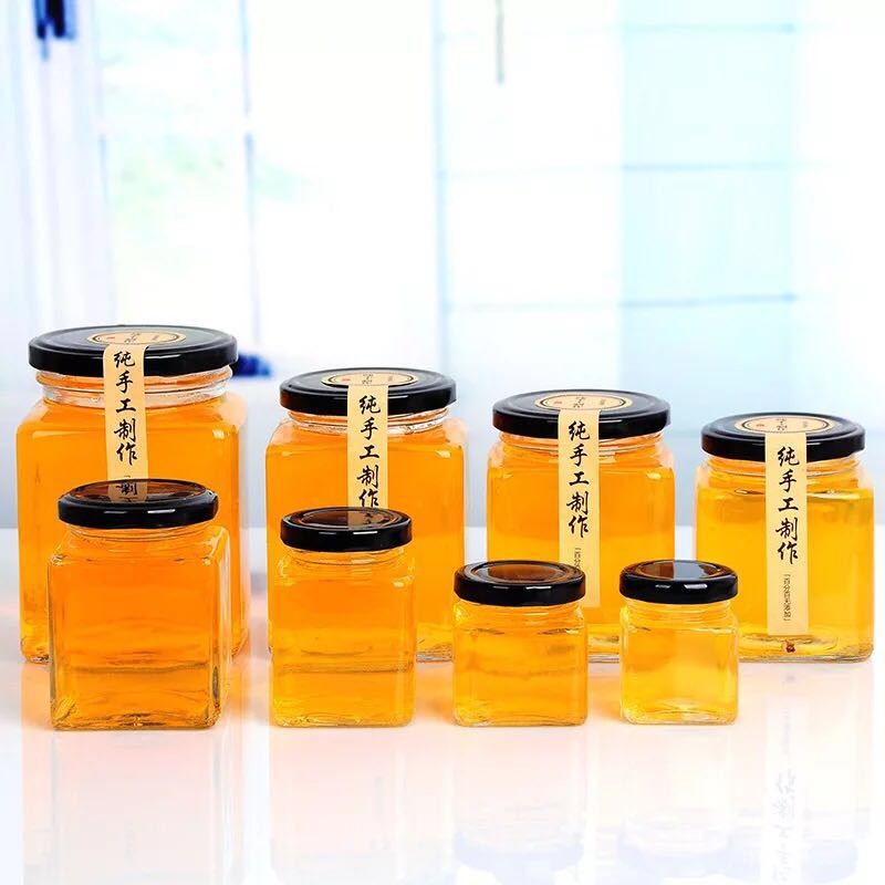 Clear square empty 380ml 500g glass chili sauce jam honey jar pickles container storage jar& bottle with metal lids wholesale