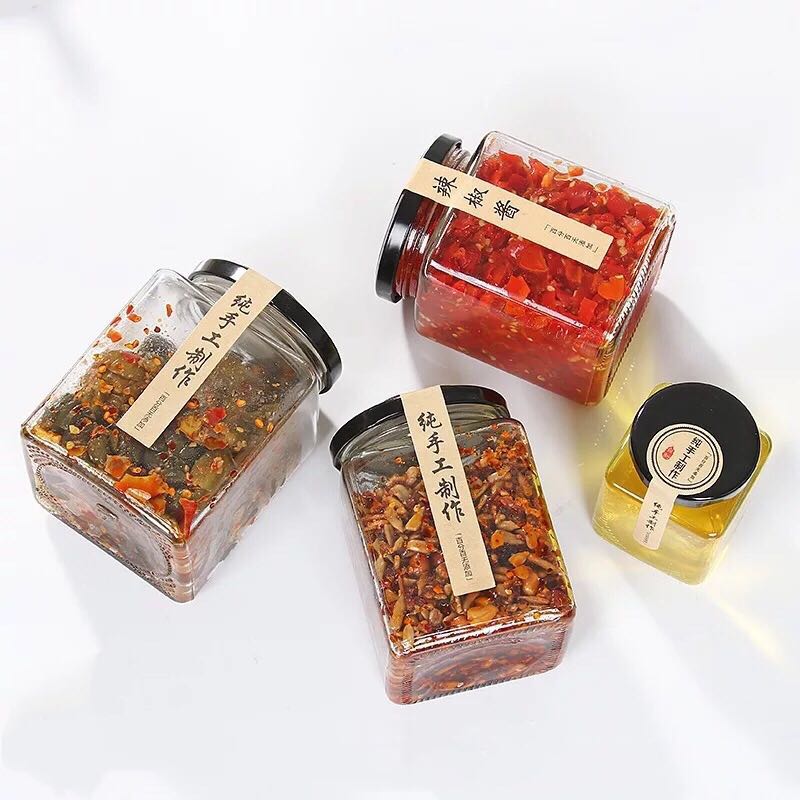 Clear square empty 380ml 500g glass chili sauce jam honey jar pickles container storage jar& bottle with metal lids wholesale