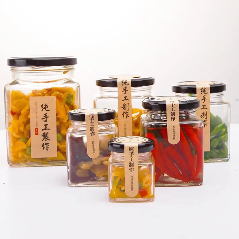 Clear square empty 380ml 500g glass chili sauce jam honey jar pickles container storage jar& bottle with metal lids wholesale
