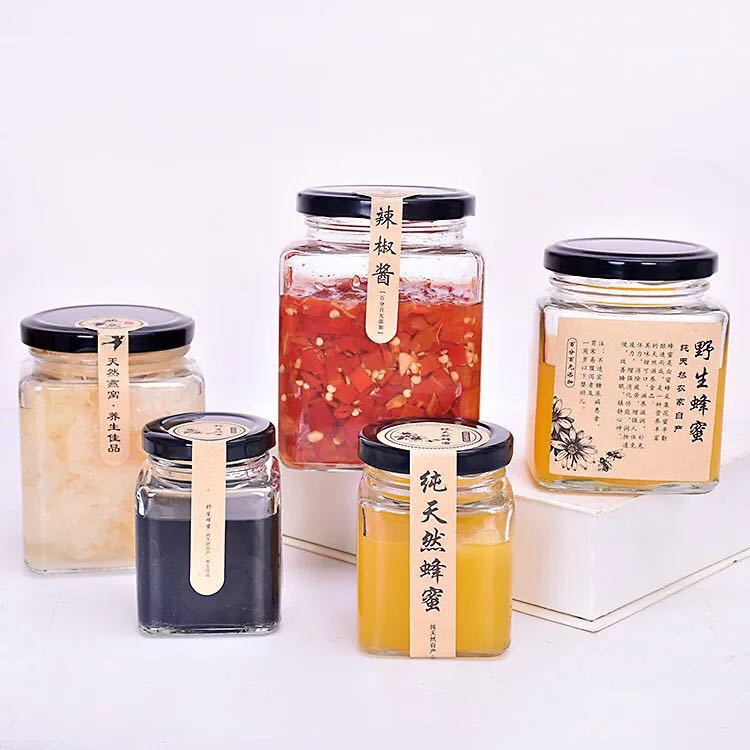 Clear square empty 380ml 500g glass chili sauce jam honey jar pickles container storage jar& bottle with metal lids wholesale
