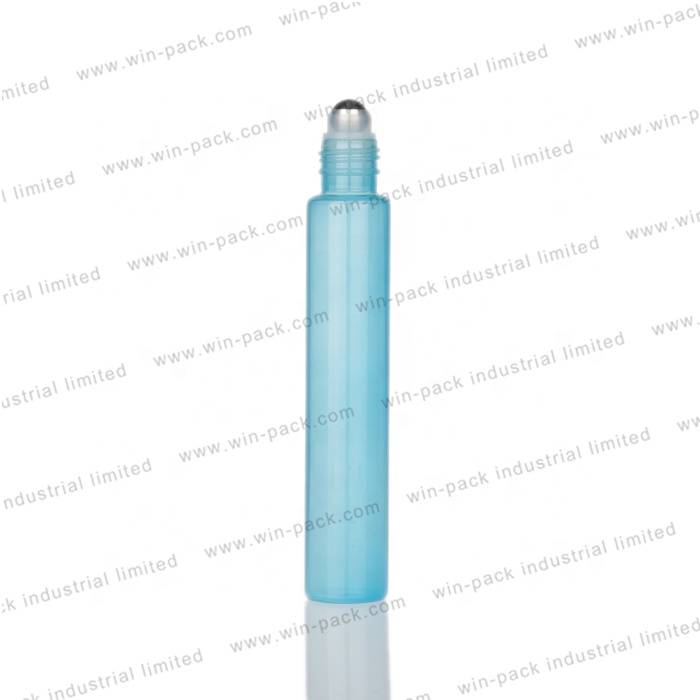 Clear tube glass roll on bottle with silver lid and white ball housing