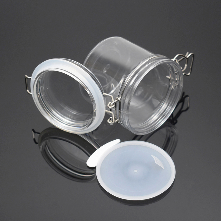 Clip Top Ccosmetic Clear PET Plastic 220ml 250ml 250ml 400ml 450ml 500ml pet jar With Metal Clasp