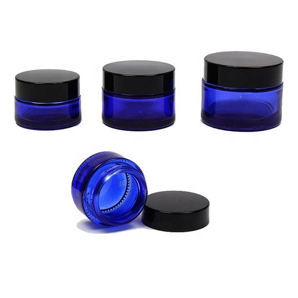 Cobalt Blue 1OZ Empty Glass Cosmetic Jar with Black Lid and Liner