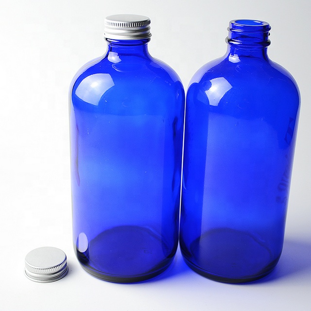 Cobalt Blue Boston Round 16oz Kombucha Glass Bottle with Silver Metal Cap for Juice