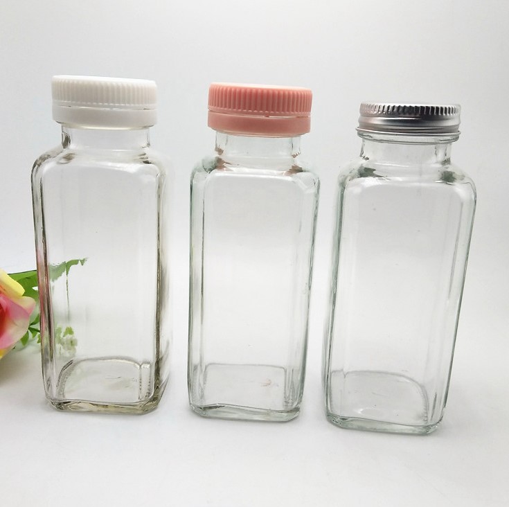 Cold Pressed Juice 250ml 300ml 500ml Clear French Square custom Glass Bottles beverage With Plastic Screw Cap