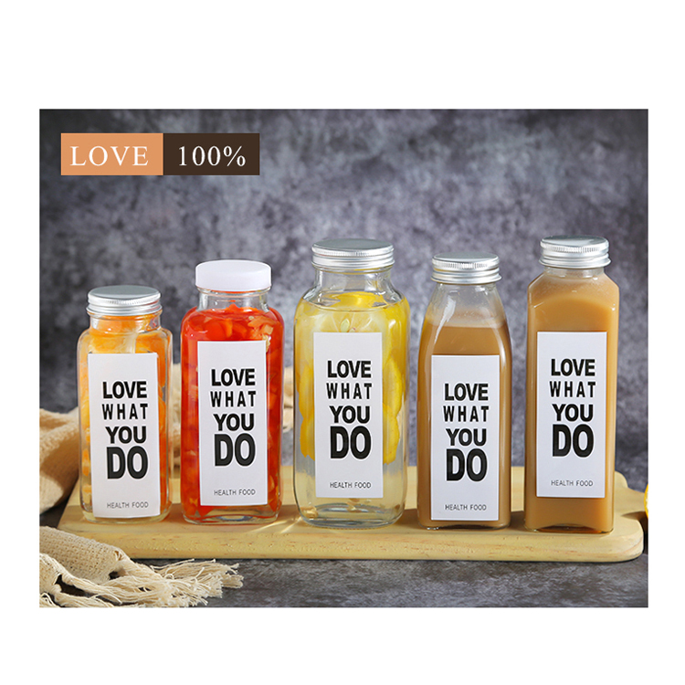 Cold Pressed Juice Bottle 250Ml 300Ml 500Ml Clear Glass French Square Beverage Plastic Juice Bottle With Plastic Screw Cap
