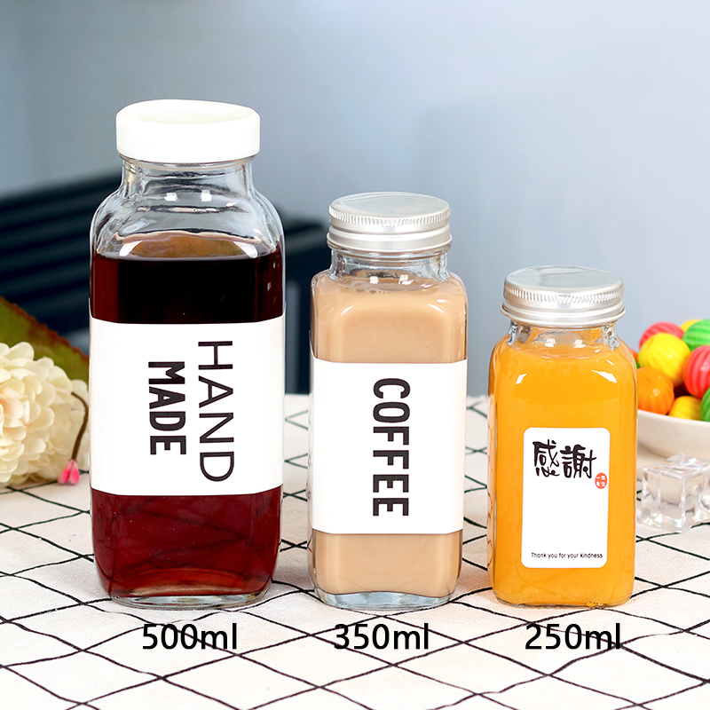 Cold Pressed Juice Bottle 250ml 350ml 500ml Clear Glass French Square Bottles With Plastic Screw Cap