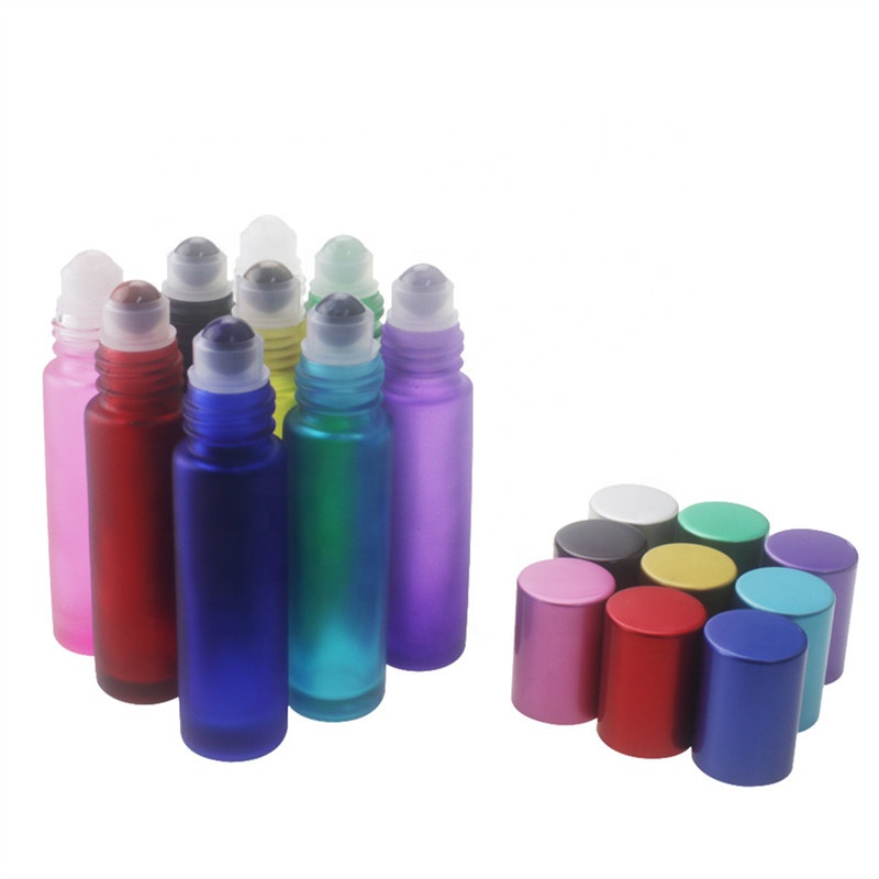 Colored 10ml frosted glass roll on bottles with Gemstone roller