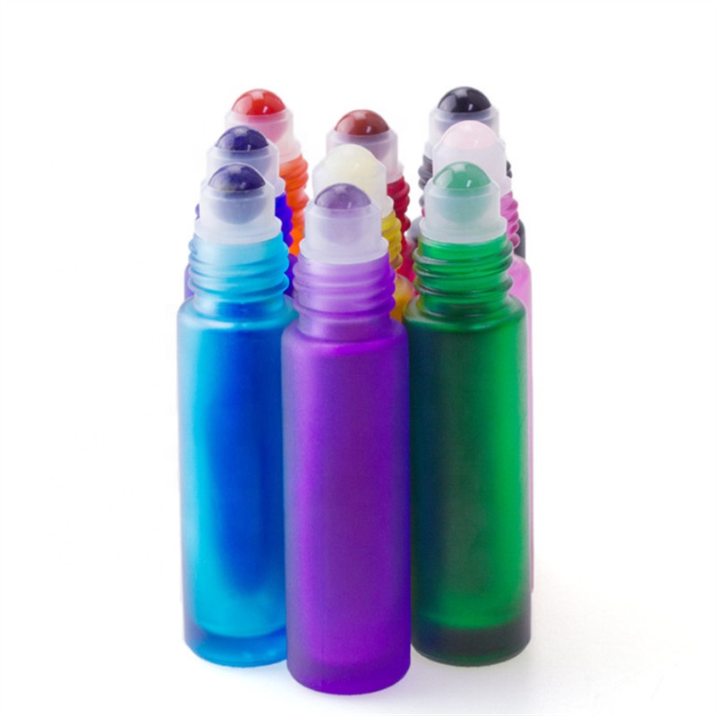 Colored 10ml frosted glass roll on bottles with Gemstone roller
