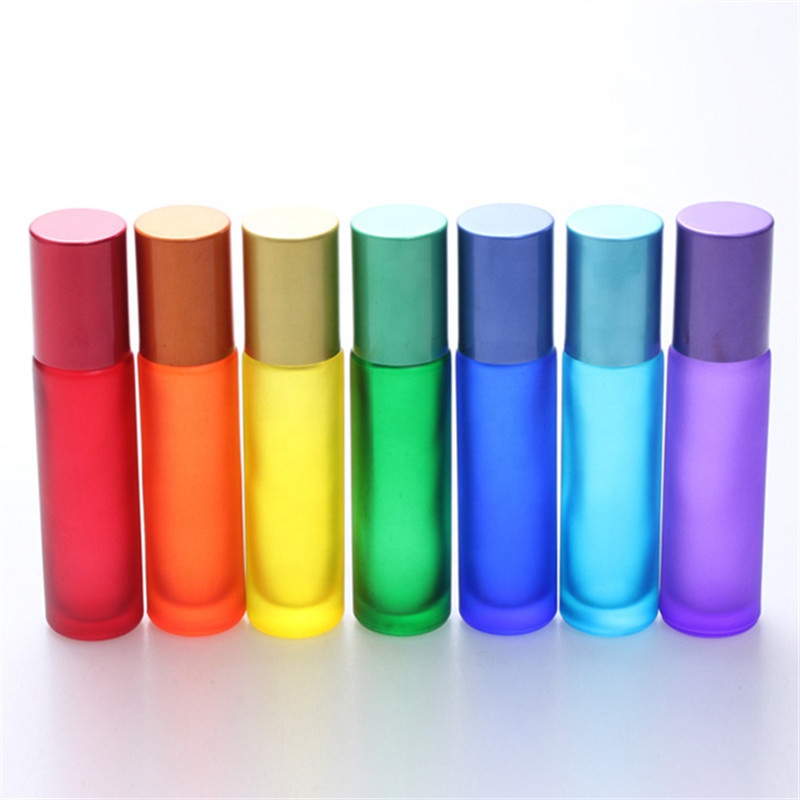 Colored 10ml frosted glass roll on bottles with Gemstone roller