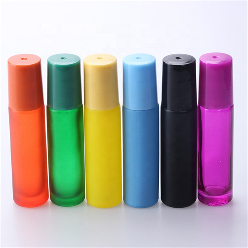 Colored 10ml frosted glass roll on bottles with Gemstone roller