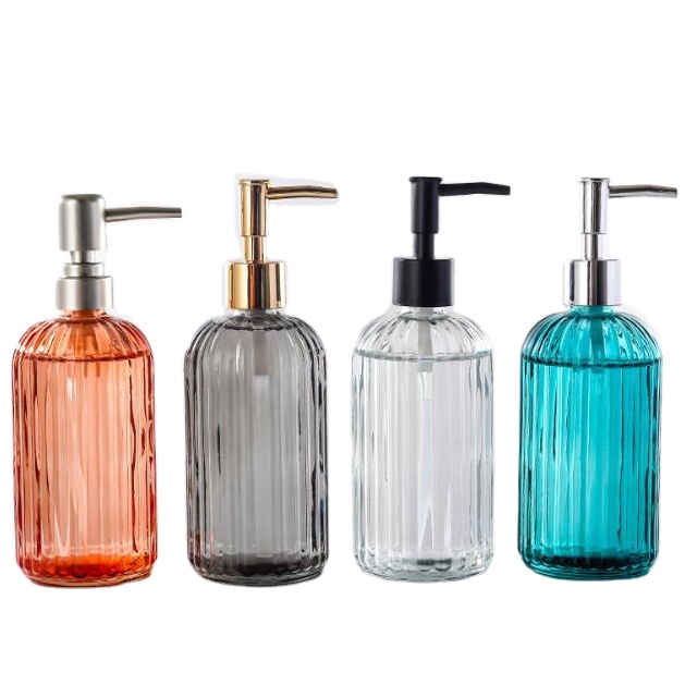 Colored 500ml Embossed Pattern Empty Round Body Hand Squeeze Liquid Foam Soap Glass Lotion Pump Bottle for Skin and Hair