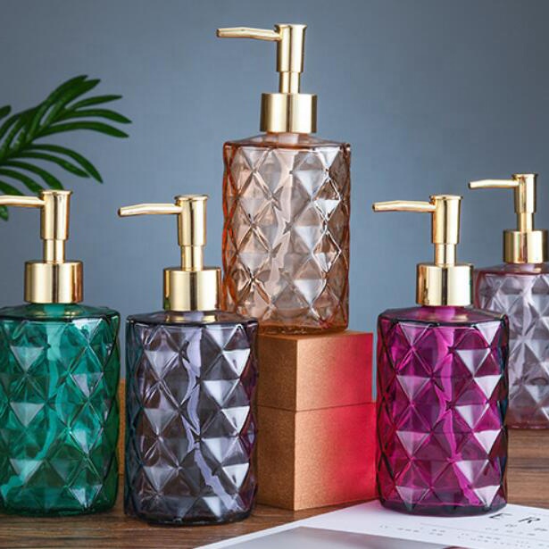 Colored 500ml Embossed Pattern Empty Round Body Hand Squeeze Liquid Foam Soap Glass Lotion Pump Bottle for Skin and Hair
