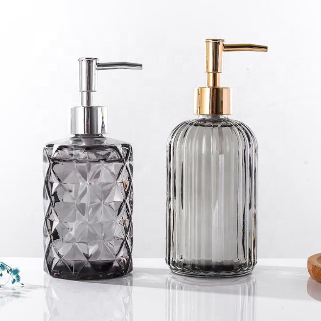Colored 500ml Embossed Pattern Empty Round Body Hand Squeeze Liquid Foam Soap Glass Lotion Pump Bottle for Skin and Hair