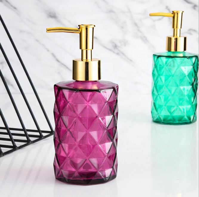 Colored 500ml Embossed Pattern Empty Round Body Hand Squeeze Liquid Foam Soap Glass Lotion Pump Bottle for Skin and Hair