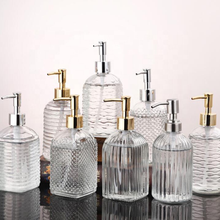 Colored 500ml Embossed Pattern Empty Round Body Hand Squeeze Liquid Foam Soap Glass Lotion Pump Bottle for Skin and Hair