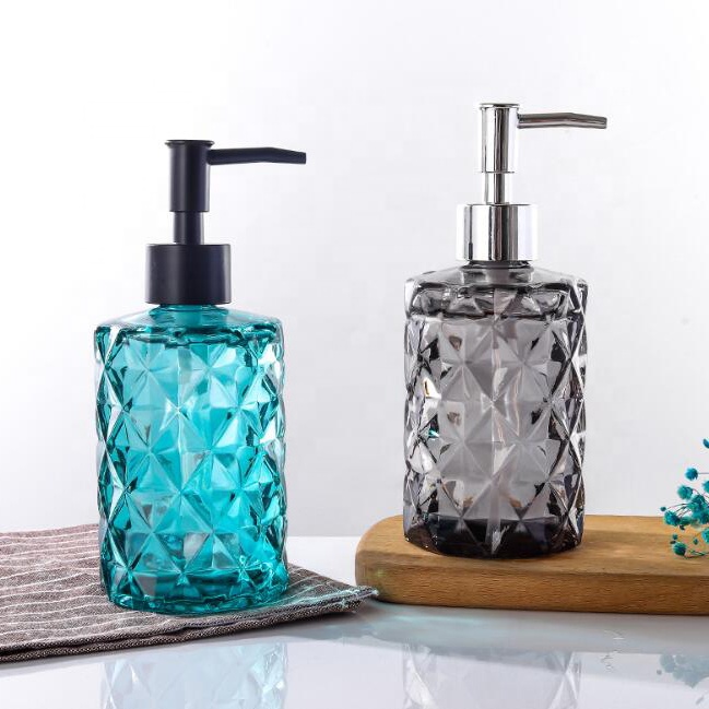 Colored 500ml Embossed Pattern Empty Round Body Hand Squeeze Liquid Foam Soap Glass Lotion Pump Bottle for Skin and Hair