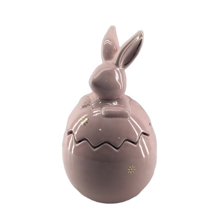 Colored Ceramic Egg shape Candy Jar Dolomite storage Canister With Rabbit Lid
