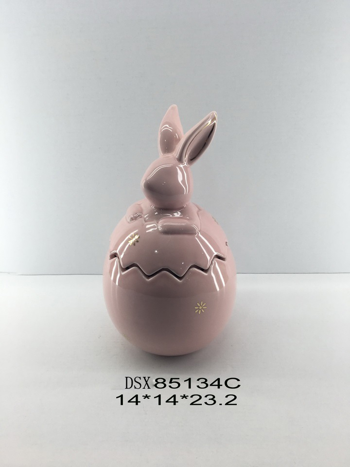 Colored Ceramic Egg shape Candy Jar Dolomite storage Canister With Rabbit Lid