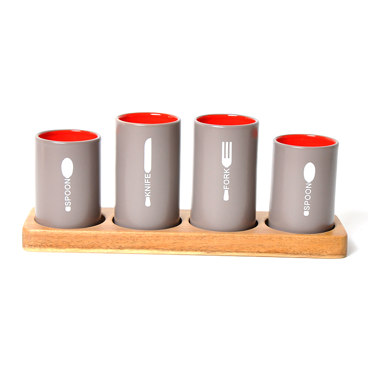 Colored Glaze Separately Utensil Tool Ceramic Storage Jar With Wooden Tray Kitchen Utensils
