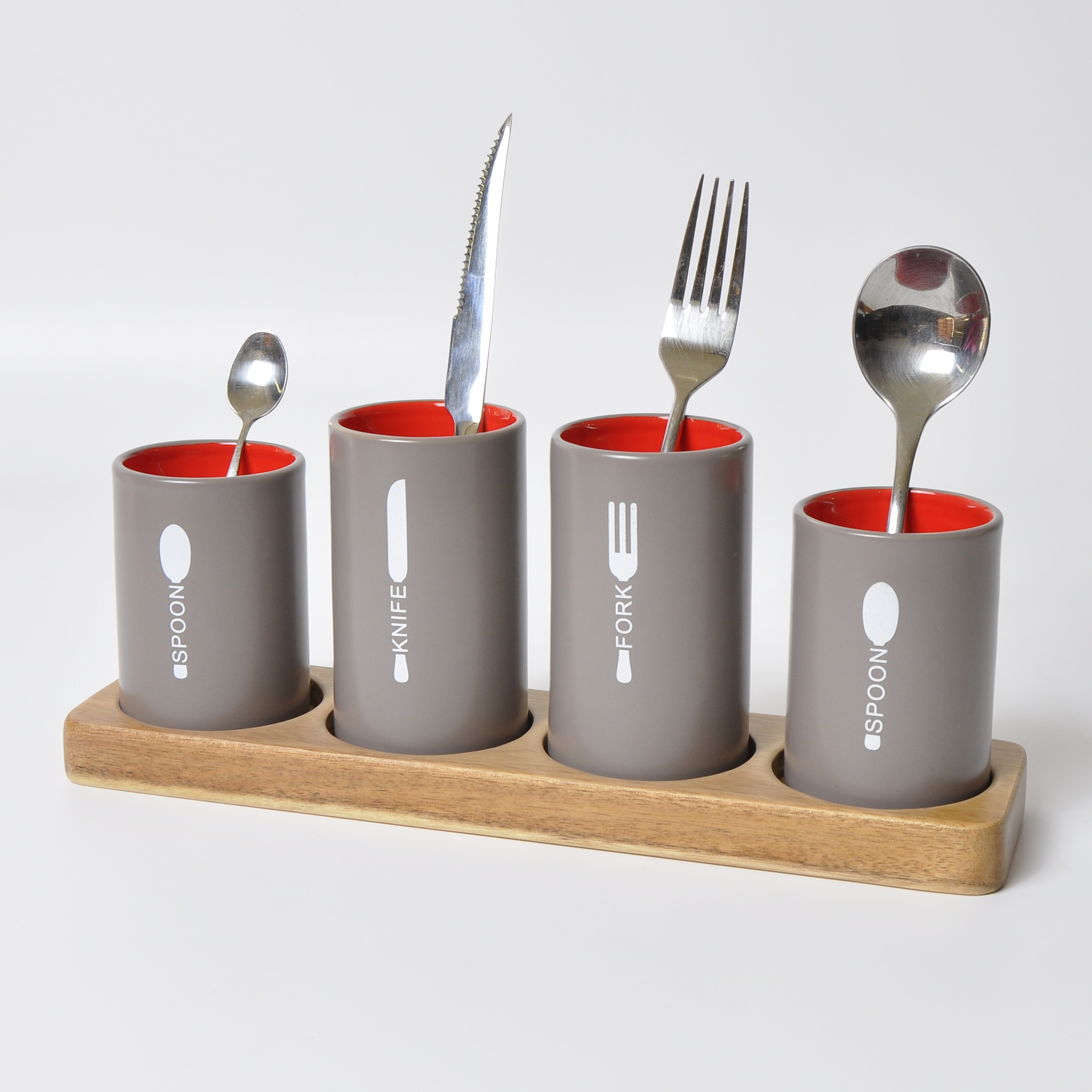 Colored Glaze Separately Utensil Tool Ceramic Storage Jar With Wooden Tray Kitchen Utensils