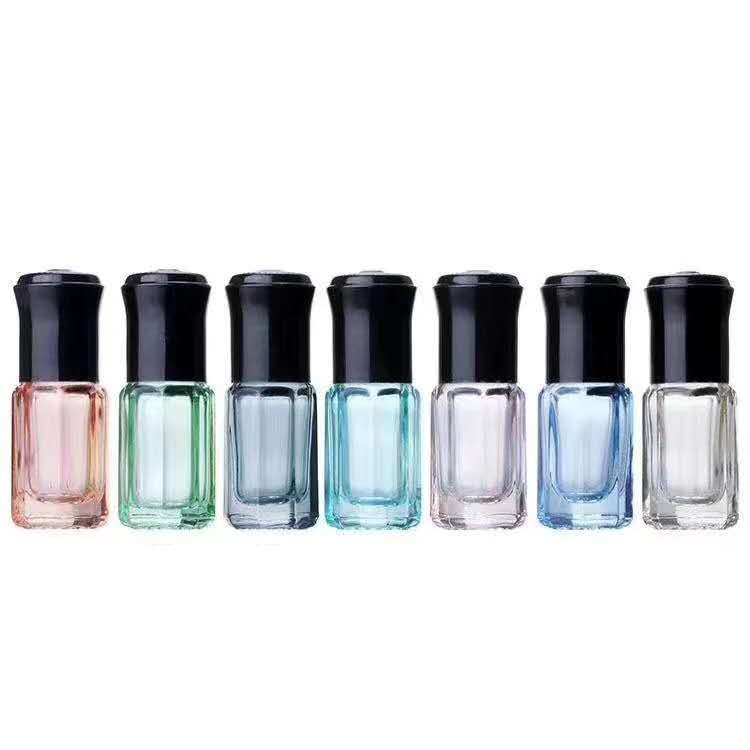Colorful 3ml octagonal  essential oil glass bottle with metal roll on