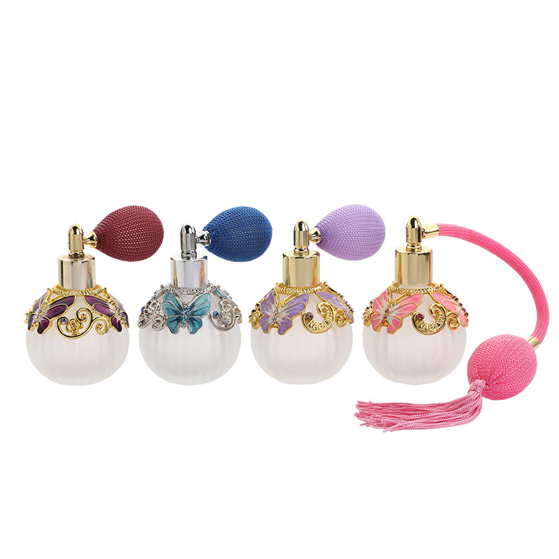 Colorful Butterfly Shape Unique Empty Metal Perfume Bottle With Long Chord Bulb Atomizer