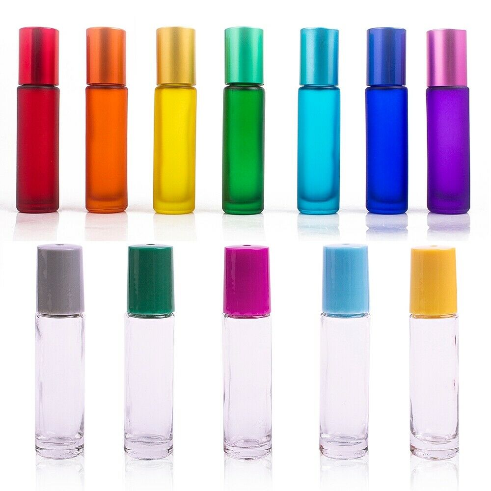 Colorful perfume rainbow collection frosted amber 10ml essential oil glass roller bottle with stainless steel roller ball