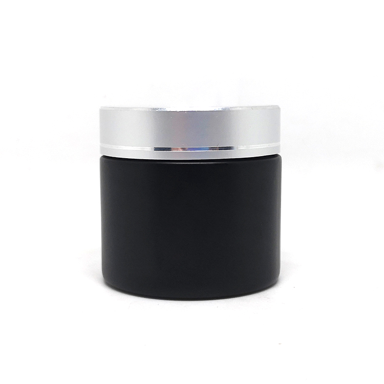 Contenedor cosmeticos packaging 2oz black frosted glass face cream jar silver lid
