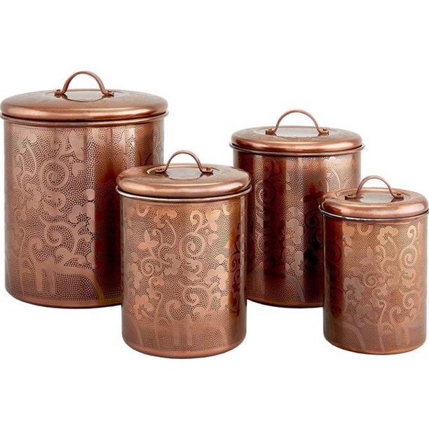 Copper Canisters Jar Set of 4 with Etched Floral Pattern Food Safe Steel By KSN