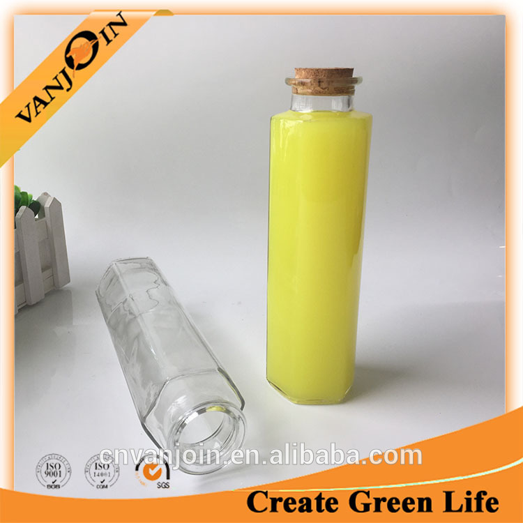 Corked lid 12oz 350ml Hexagonal Glass Smoothies Bottles For Raw Pressed Juice